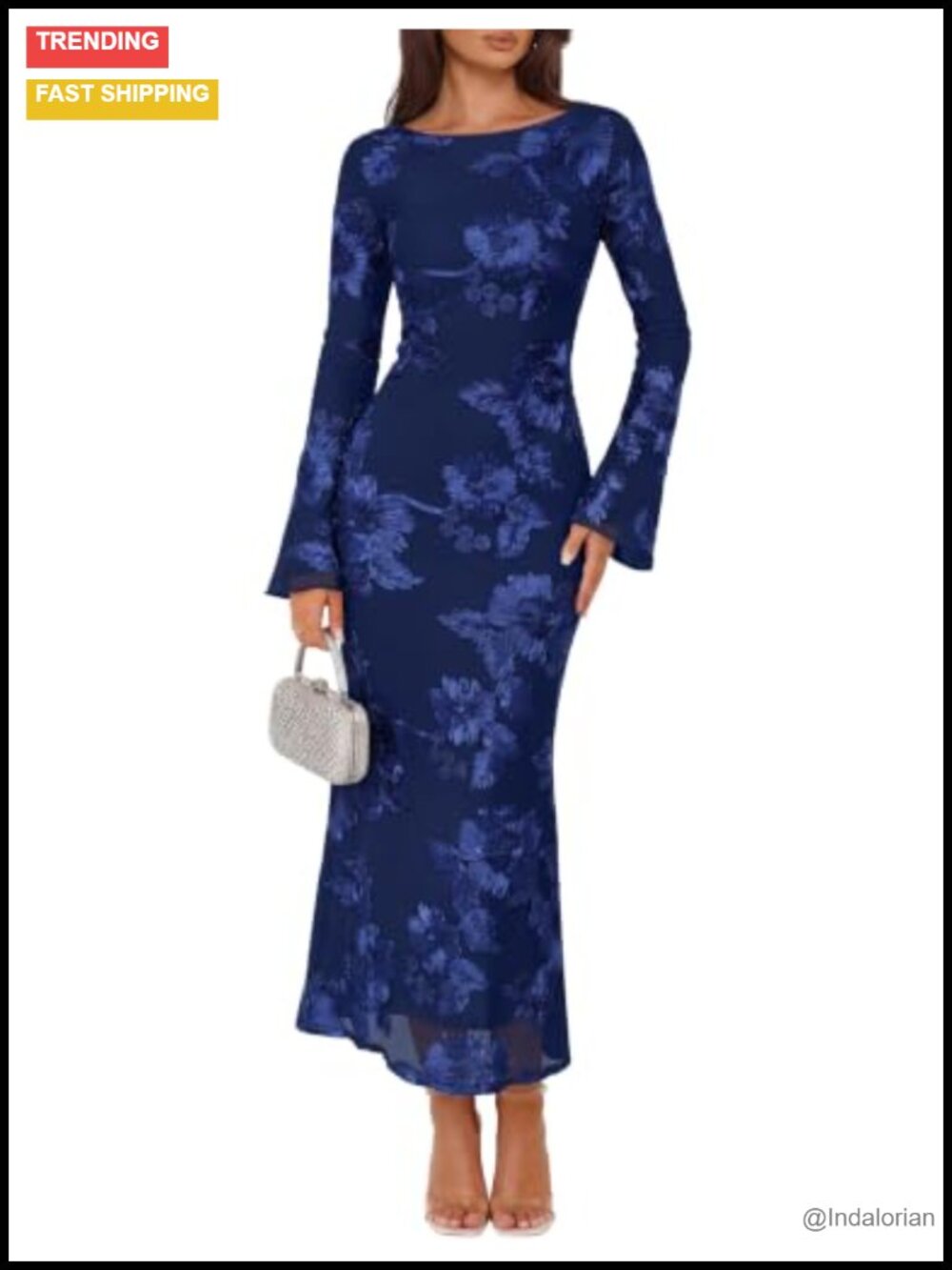 Women Double-Layered Mesh Mermaid Midi Dress Long Sleeve Boat Neck Formal